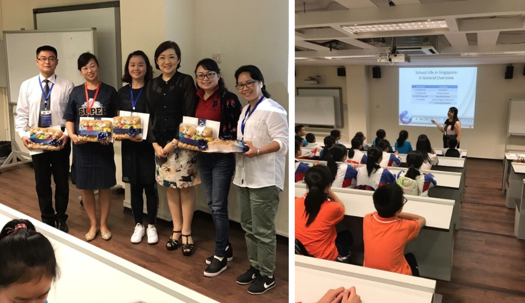 Five adults holding gift baskets pose indoors; beside it, students in a classroom watch a presenter at a projected screen.